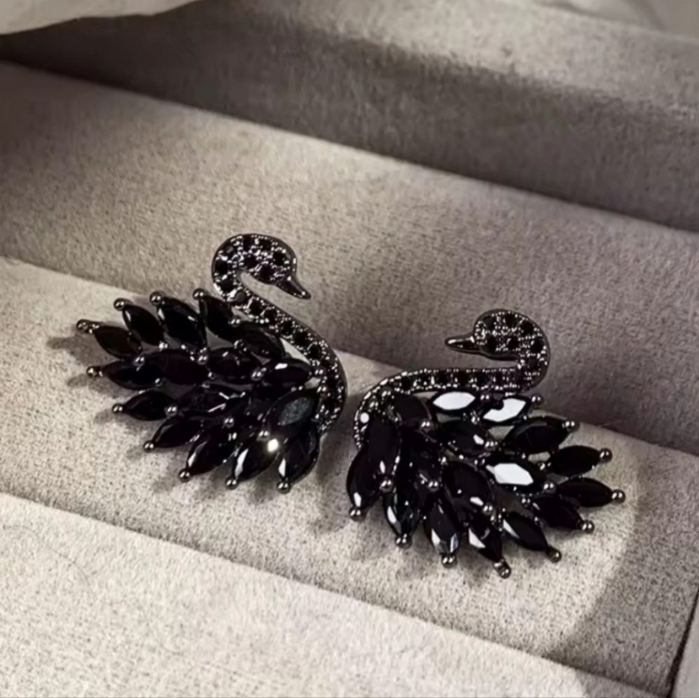 Black Swan Statement Earrings Rhinestone Crystal Bird Glam